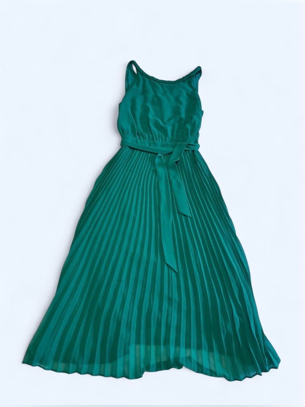 Sezane Louisa Dress Emerald Green Pleated Midi Sz 34 US 2 Sleeveless Belted